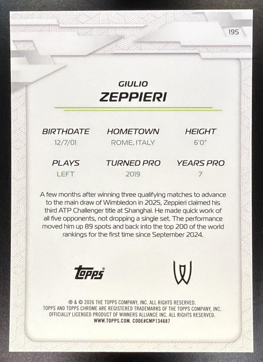 2026 Topps Chrome Tennis Giulio Zeppieri #195 Purple Geometric Refractor 29/751