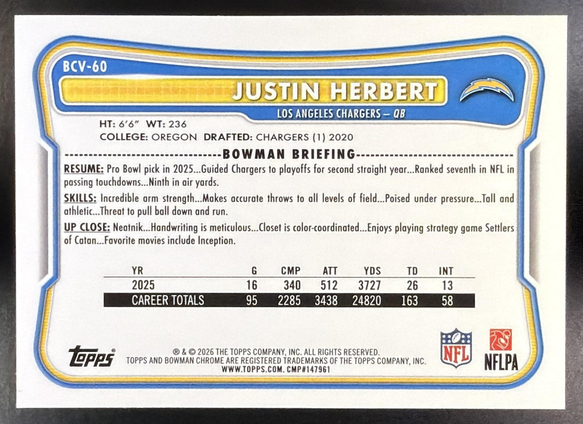 2026 Bowman Justin Herbert #BCV-60 Chrome NFL Aqua Mojo Refractor /1991