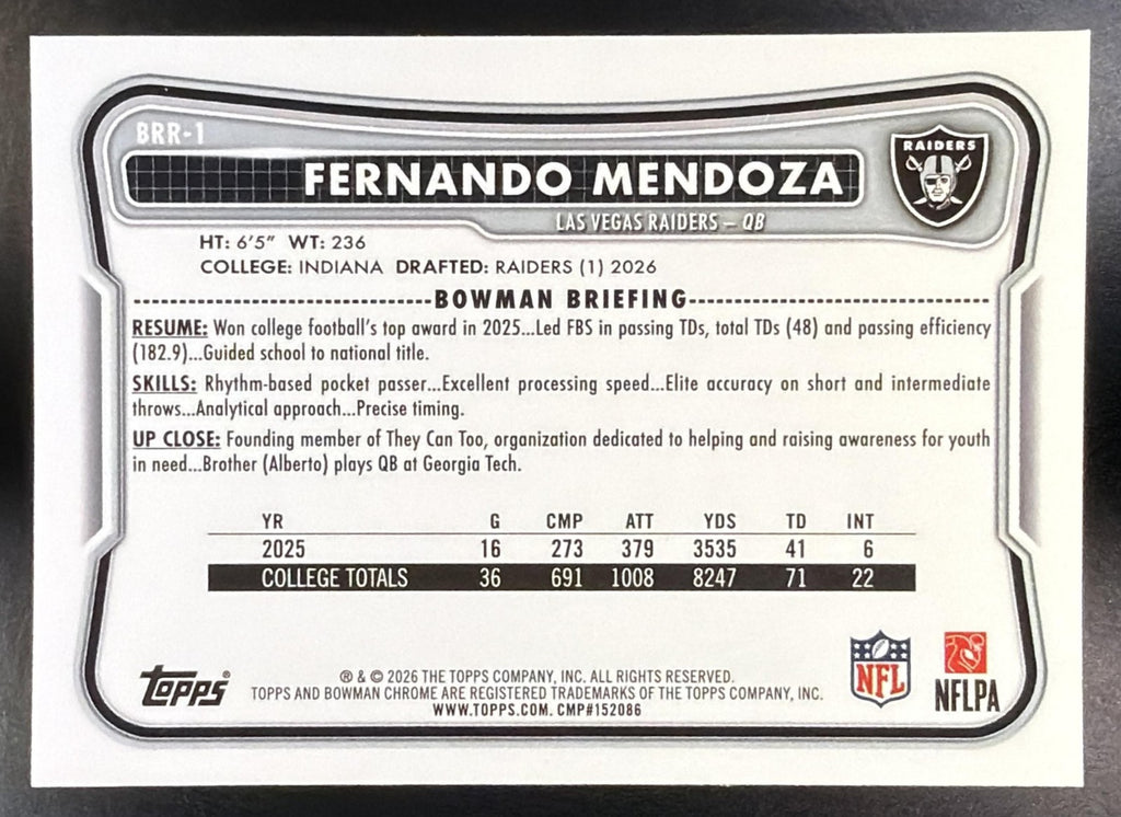 2026 Bowman Fernando Mendoza #BRR-1 Chrome Rookie Rainbow RC Variation Raiders1