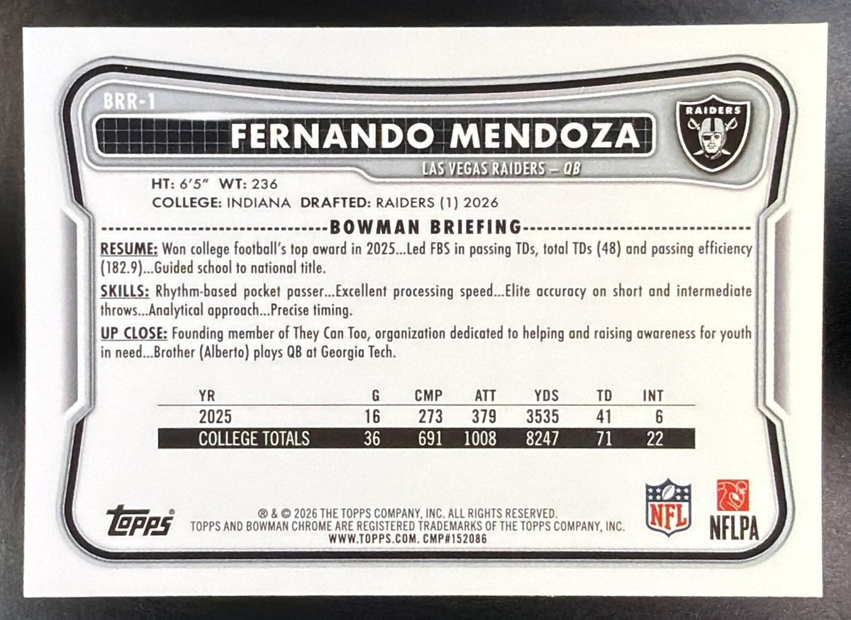 2026 Bowman Fernando Mendoza #BRR-1 Chrome Rookie Rainbow RC Variation Raiders1