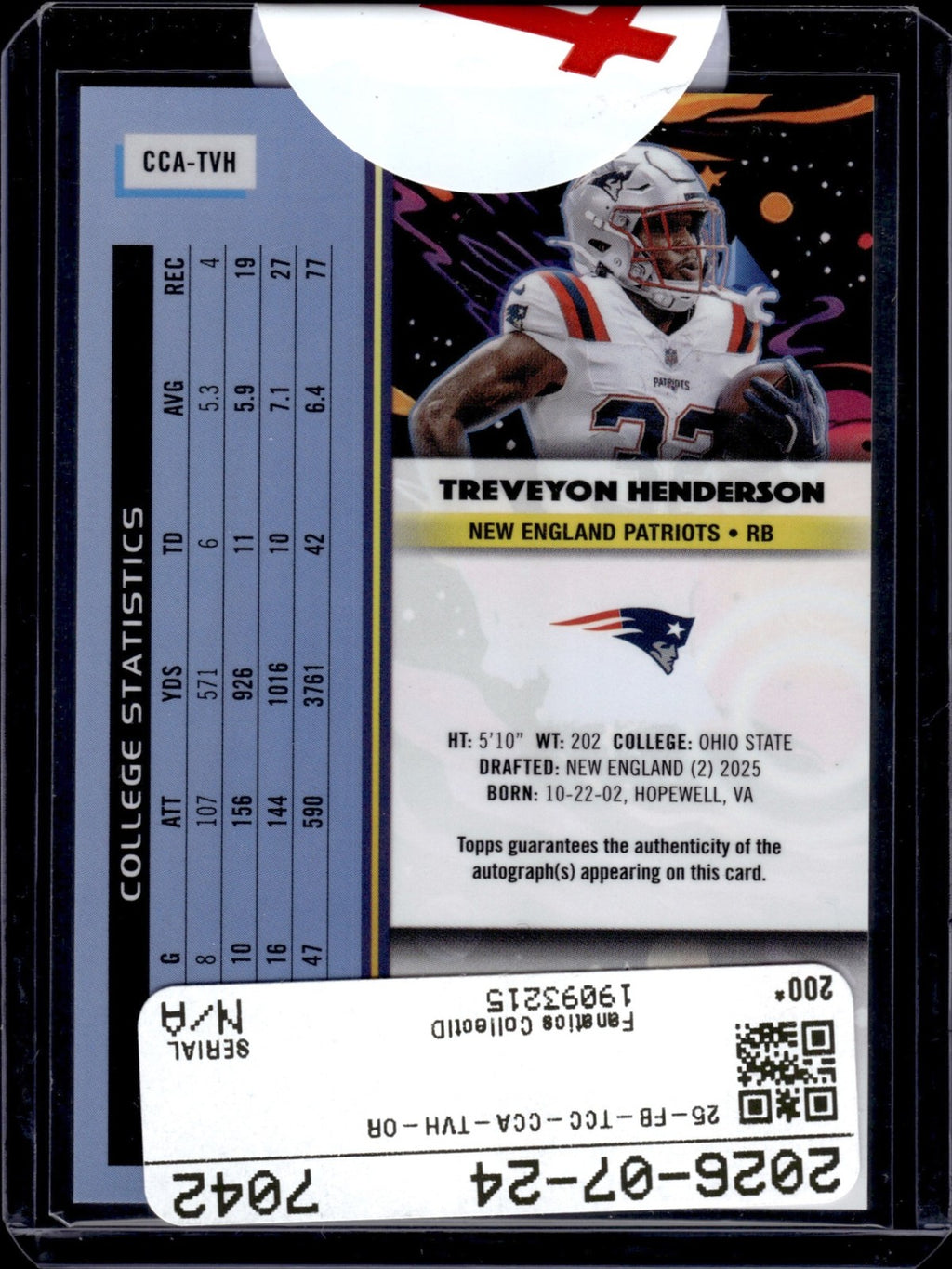 2025 Topps Cosmic Chrome TreVeyon Henderson #CCA-TVH Auto Orange Galactic /25 RC1