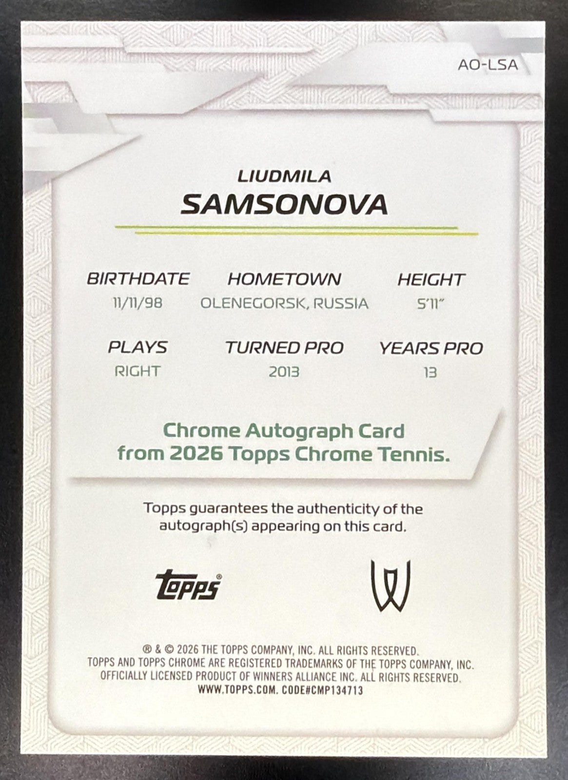 2026 Topps Chrome Tennis Liudmila Samsonova #AO-LSA Auto I Shimmer Refractor1