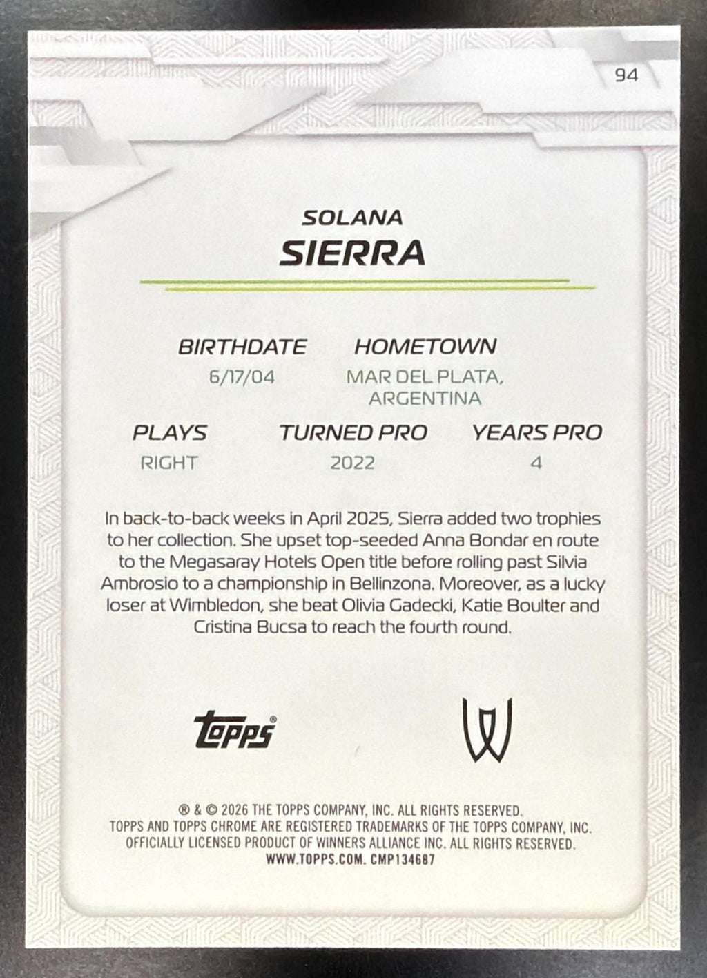 2026 Topps Chrome Tennis Solana Sierra #94 Pink Refractor 177/250 RC1