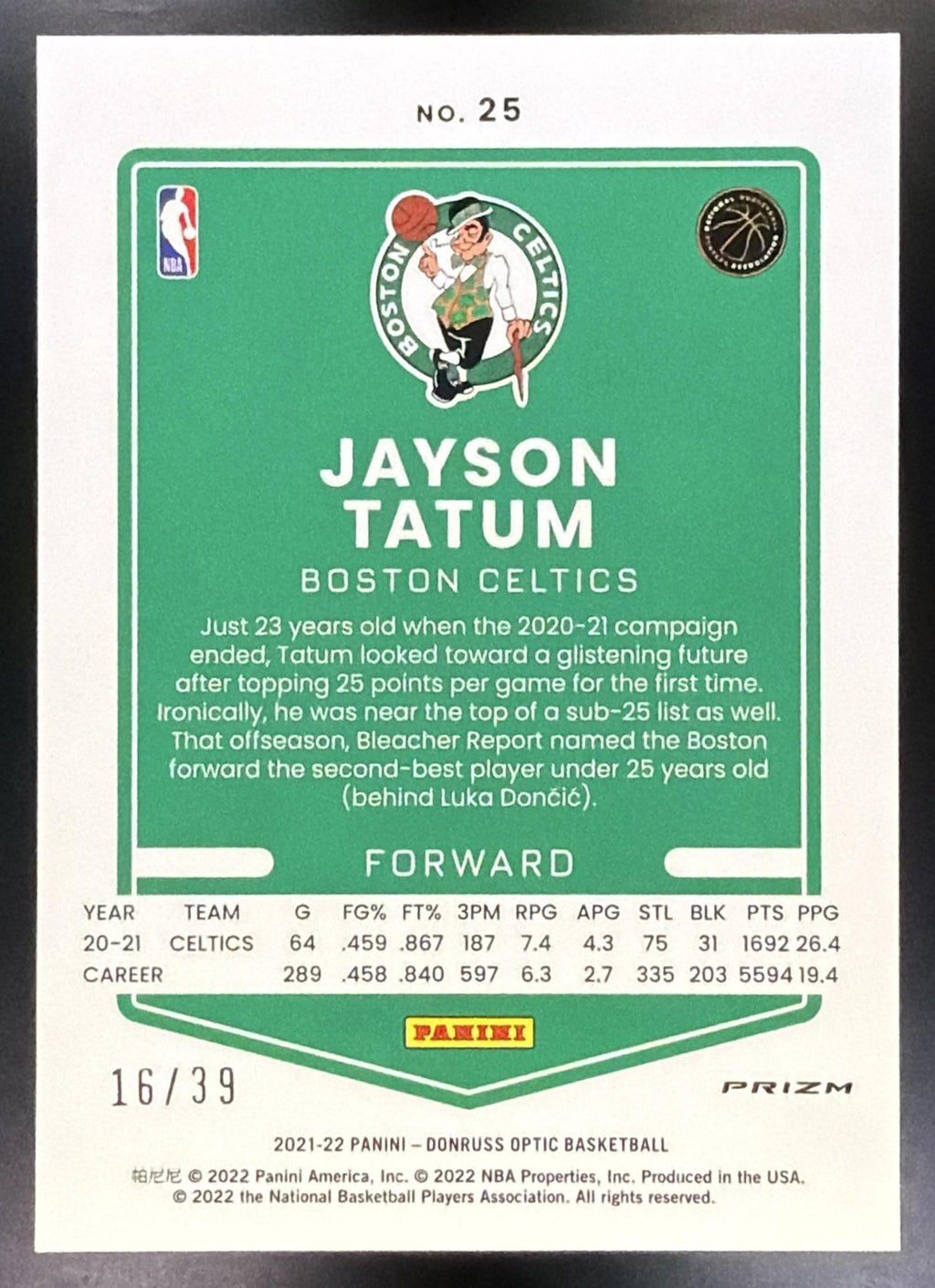 2021 22 Panini Donruss Optic Jayson Tatum #25 Black Velocity Prizm /39 Celtics1