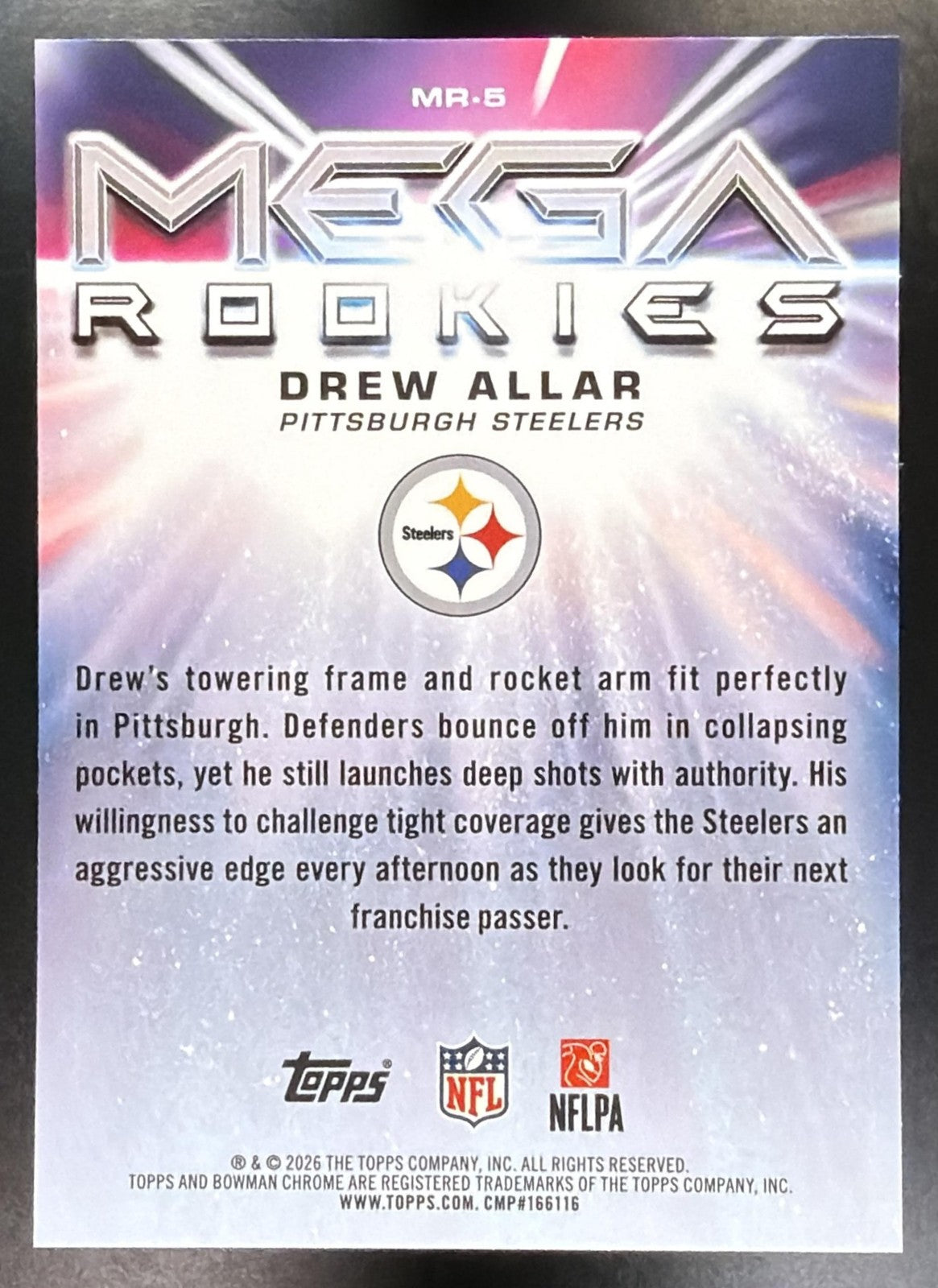 2026 Topps Drew Allar #91TRC-4 1991 Chrome Rookie Mojo Refractor RC Steelers1
