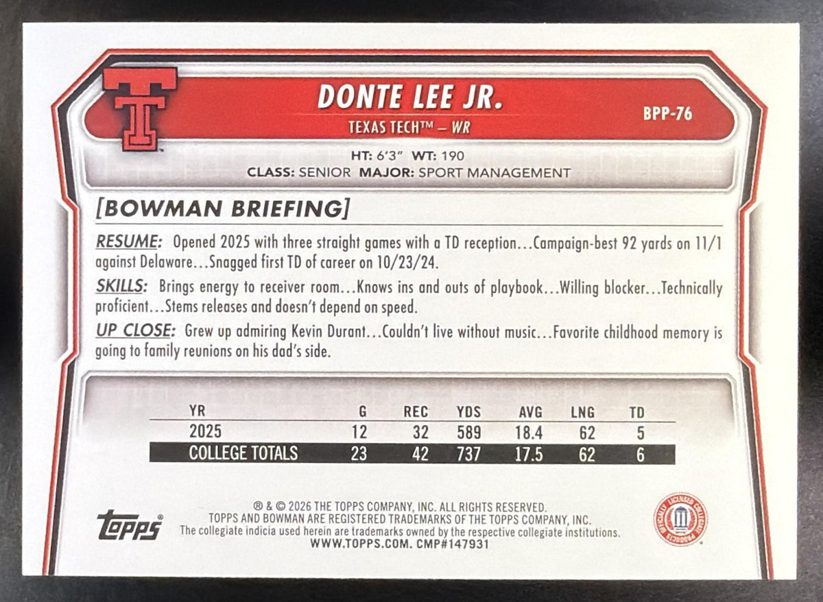 2026 Bowman Donte Lee Jr. #BPP-76 Paper Green 86/99 1st Prospect Red Raiders1