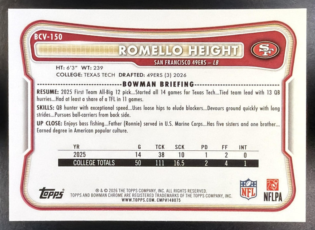 2026 Bowman Romello Height #BCV-150 Chrome NFL Blue Mojo Refractor /150 RC1