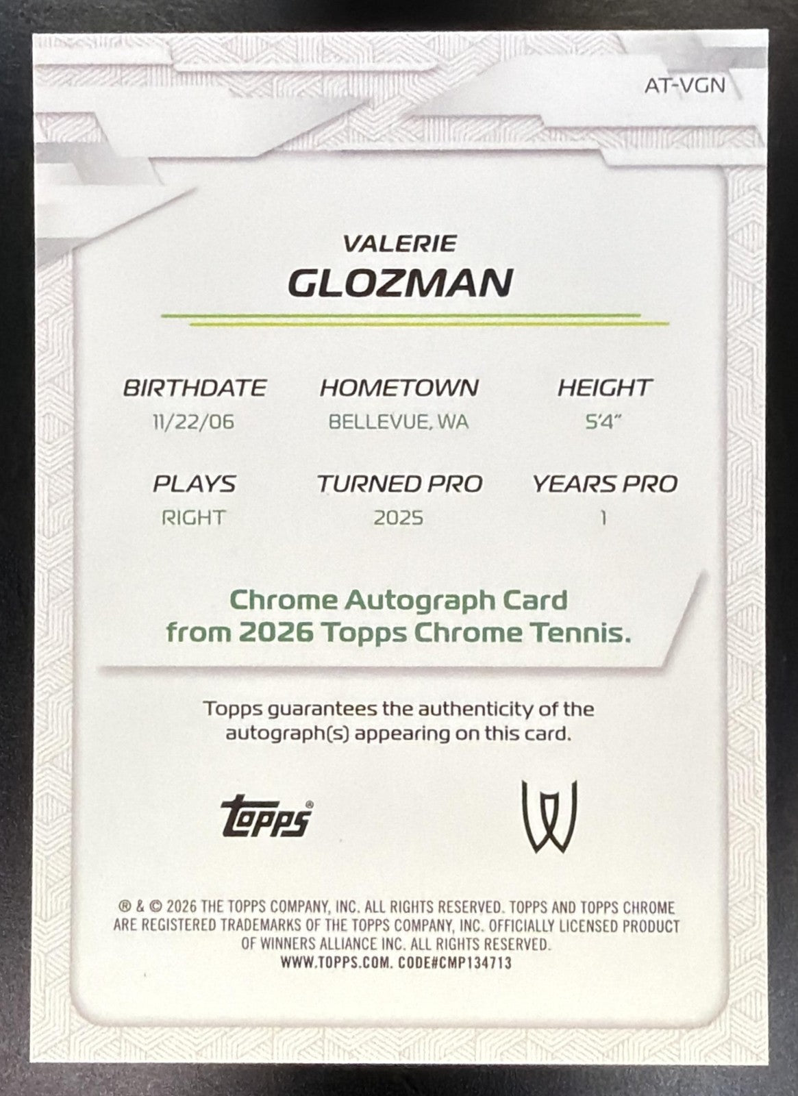 2026 Topps Chrome Tennis Valerie Glozman #AT-VGN Auto II Pink Geo Ref /250 RC1