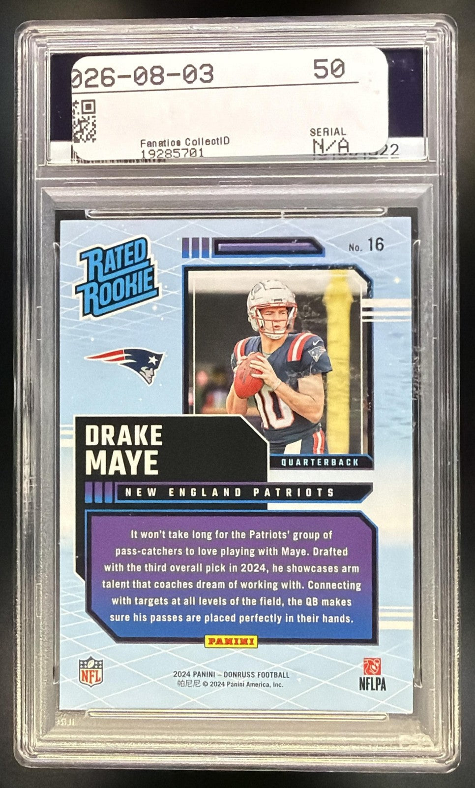 2024 Panini Donruss Drake Maye #16 Retro Rated Rookie Patriots PSA 91