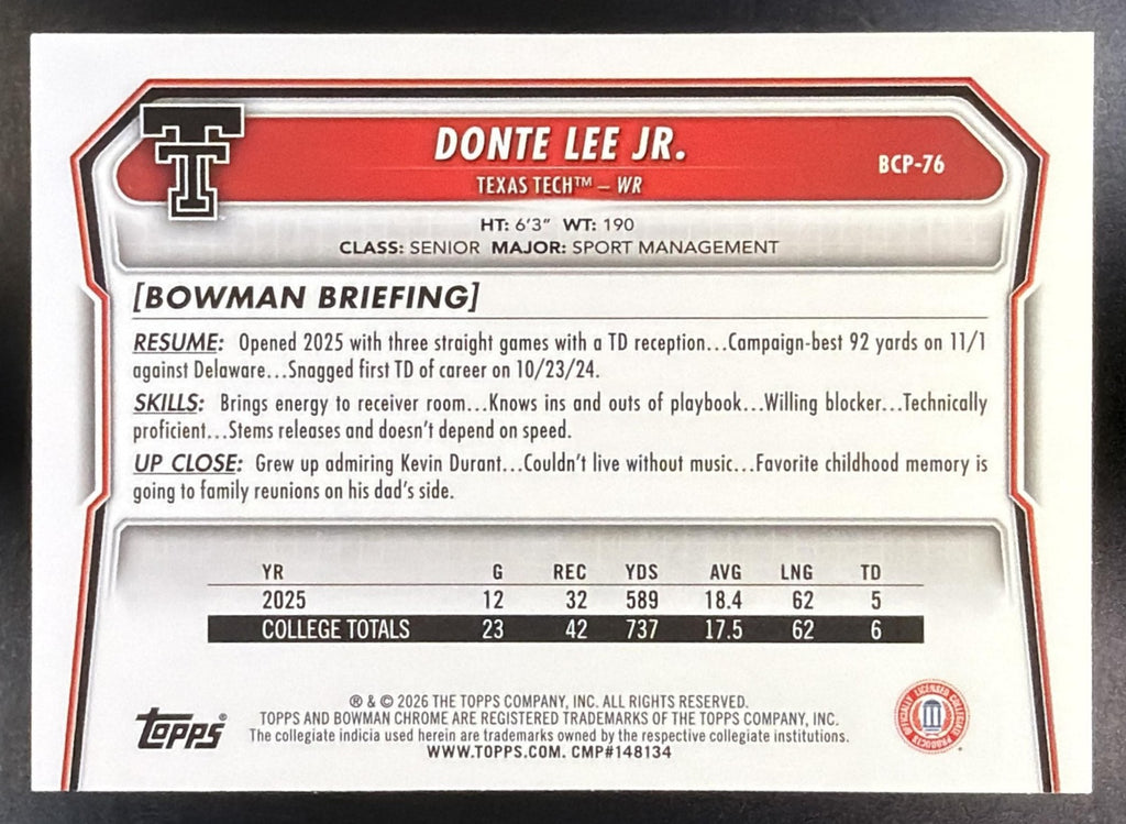 2026 Bowman Donte Lee Jr. #BCP-76 Chrome Gold Refractor /275 1st Prospect1