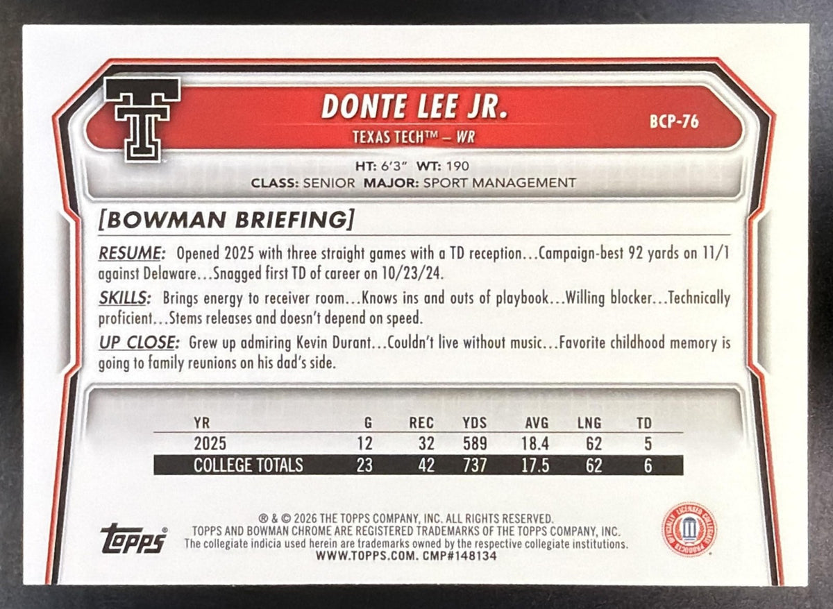 2026 Bowman Donte Lee Jr. #BCP-76 Chrome Gold Refractor /275 1st Prospect1