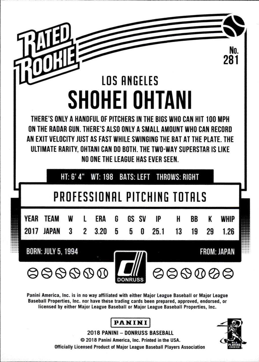 2018 Donruss Shohei Ohtani #281 Rated Rookie Japanese Kanji Text Variation SP RC1