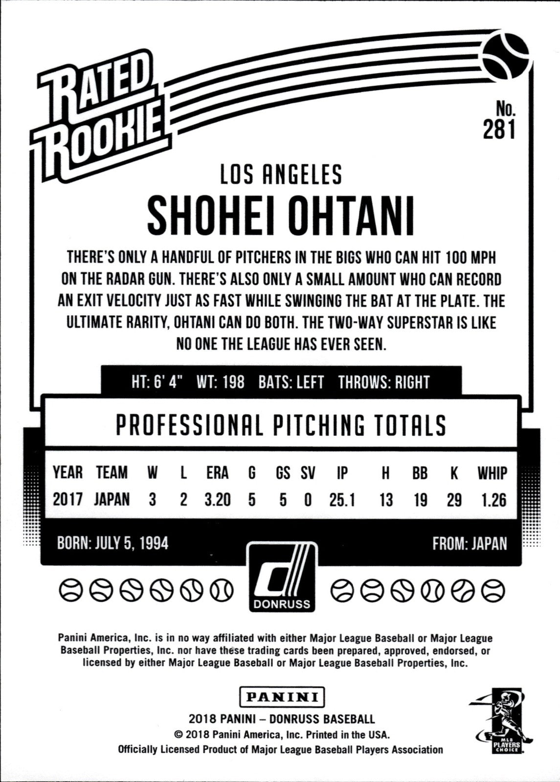 2018 Donruss Shohei Ohtani #281 Rated Rookie Japanese Kanji Text Variation SP RC1