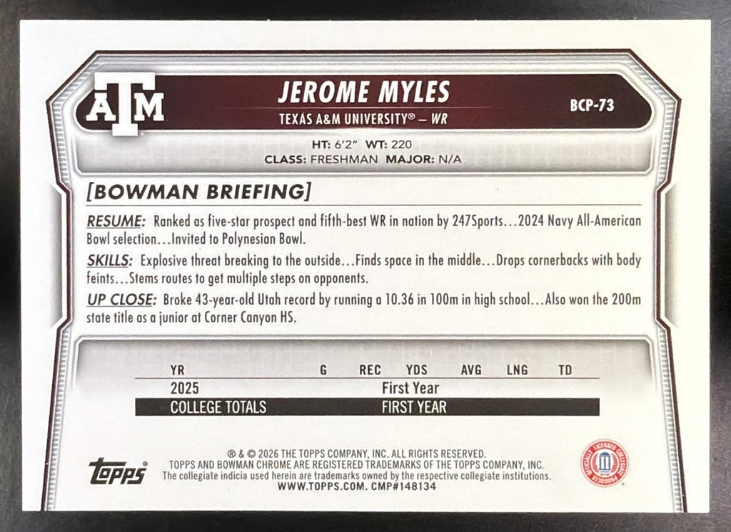2026 Bowman Jerome Myles #BCP-73 Chrome Yellow Mojo Refractor /275 1st Prospect1