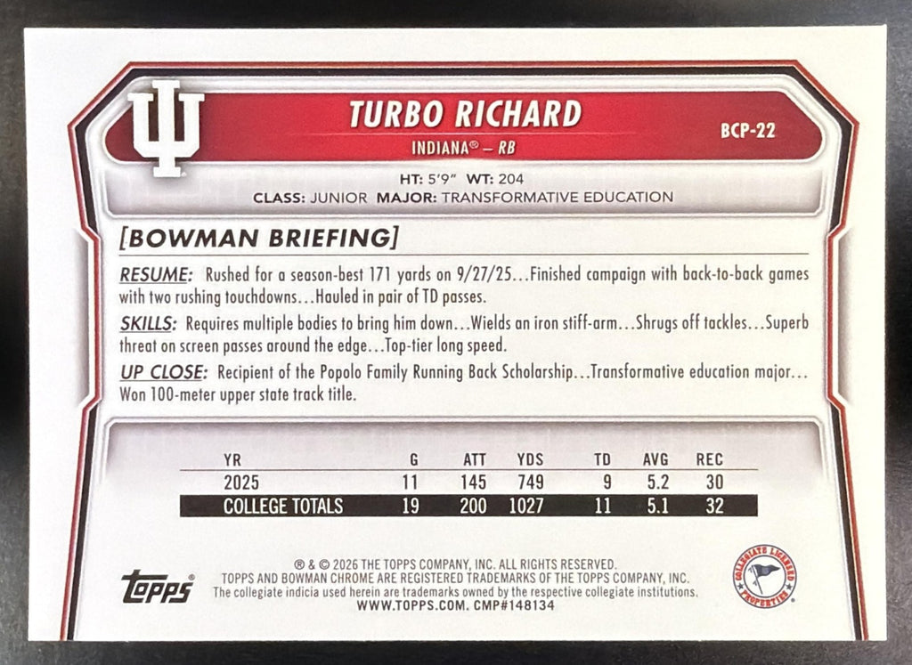 2026 Bowman Turbo Richard #BCP-22 Chrome Blue Mojo Refractor /150 1st Prospect1