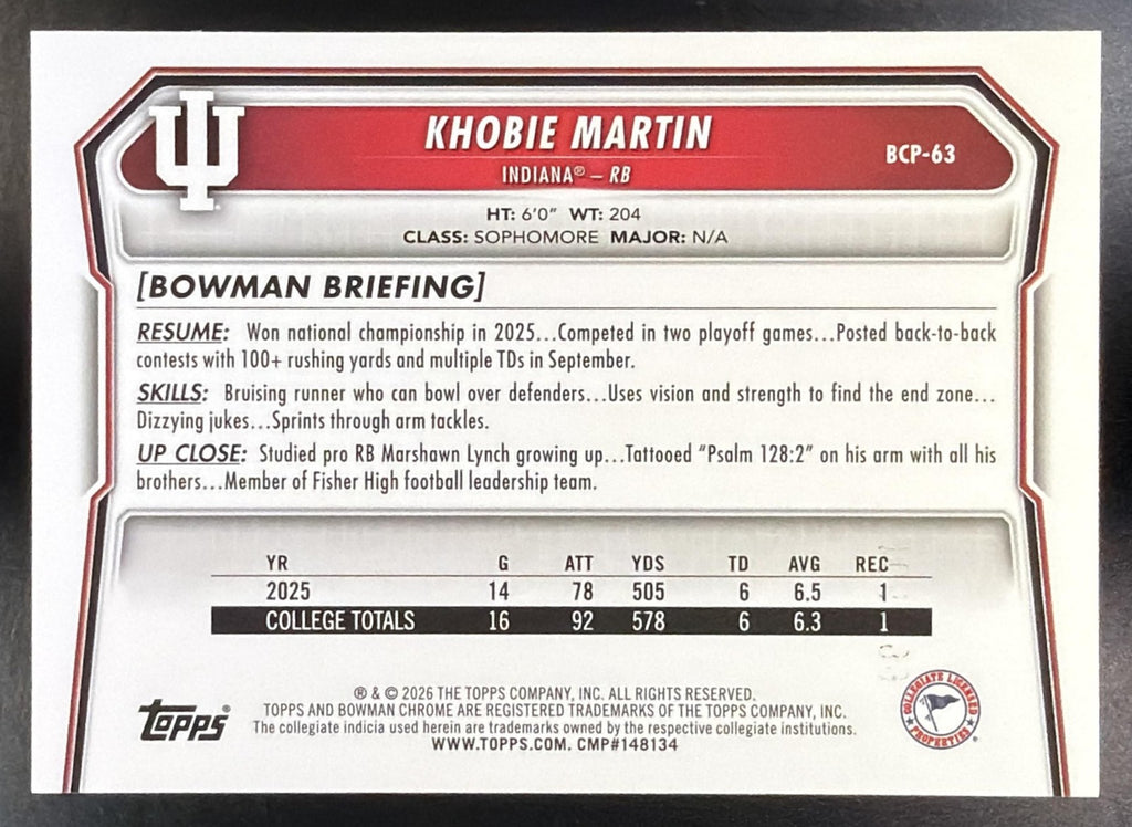 2026 Bowman Khobie Martin #BCP-63 Chrome Neon Green Refractor /399 1st Prospect1