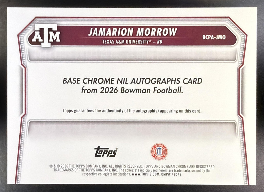 2026 Bowman Jamarion Morrow #BCPA-JMO Chrome Auto 1st Prospect Aggies1