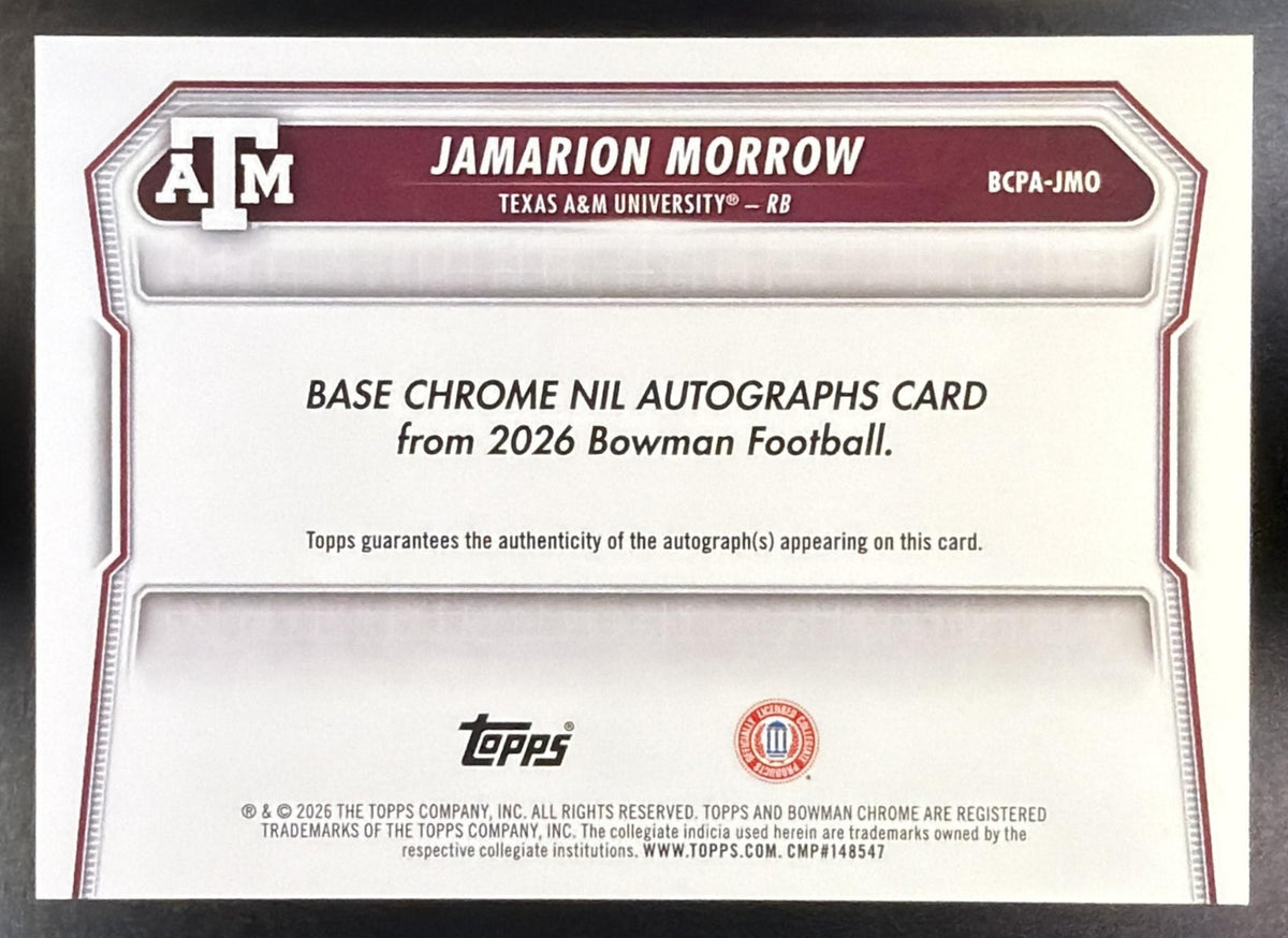 2026 Bowman Jamarion Morrow #BCPA-JMO Chrome Auto 1st Prospect Aggies1