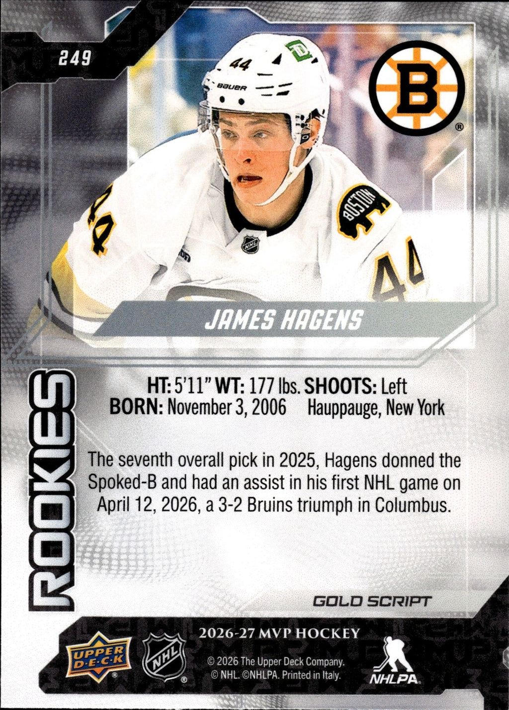 2026-27 Upper Deck MVP James Hagens #249 Gold Script Rookie RC Bruins1