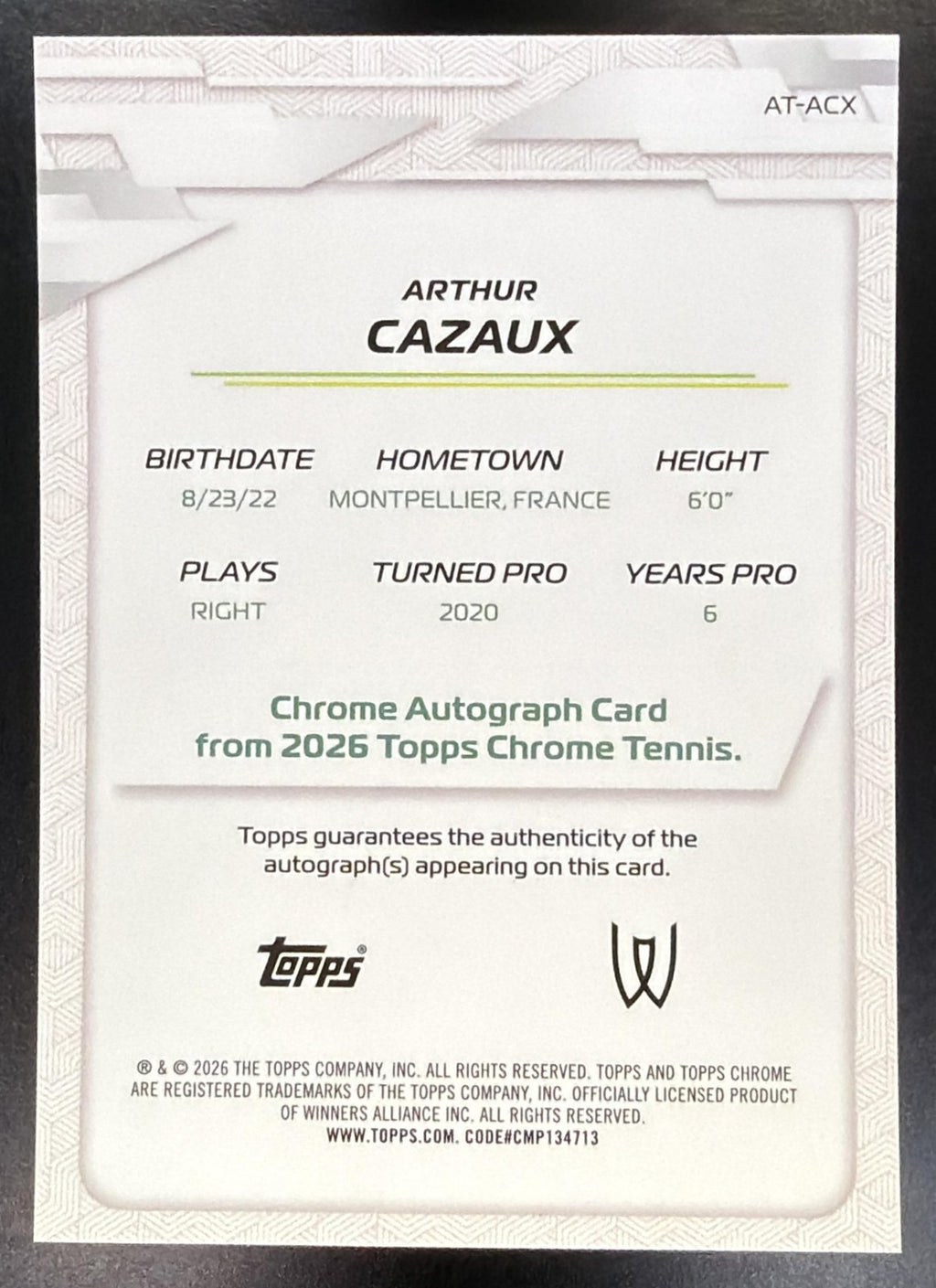 2026 Topps Chrome Tennis Arthur Cazaux #AT-ACX Auto II Shimmer Refractor1