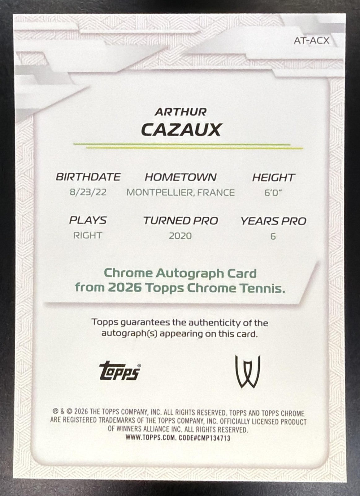 2026 Topps Chrome Tennis Arthur Cazaux #AT-ACX Auto II Shimmer Refractor1