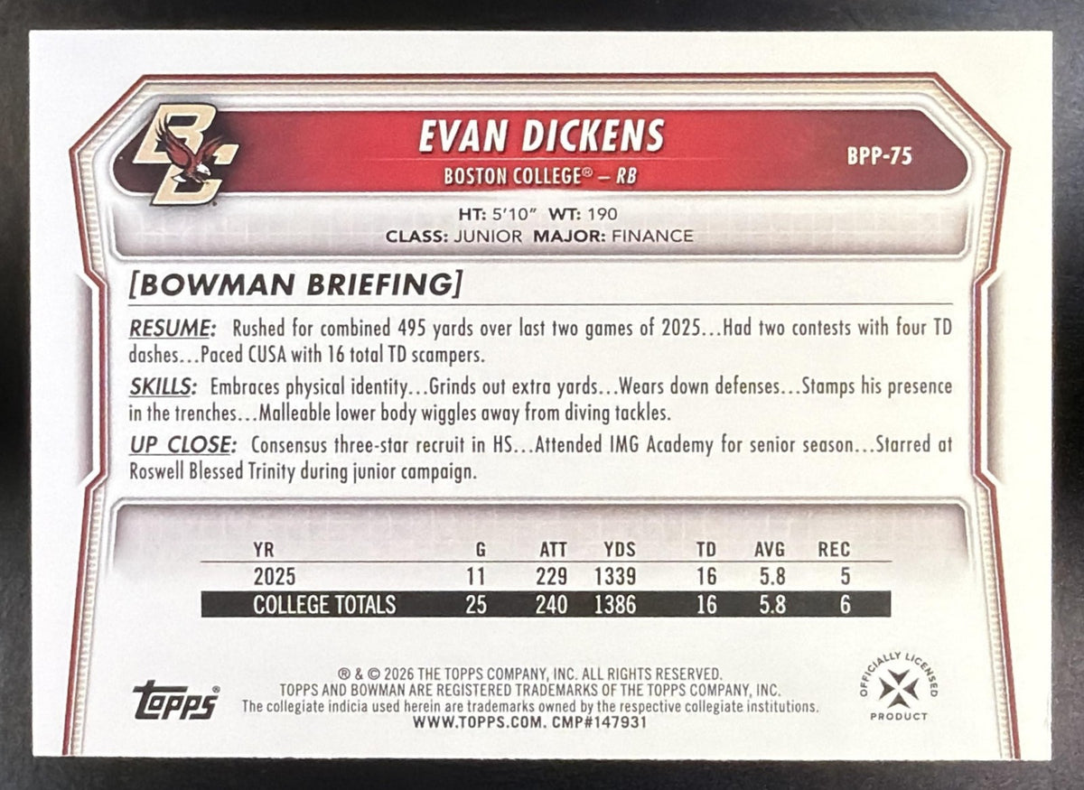 2026 Bowman Evan Dickens #BPP-75 Paper Aqua 63/199 1st Prospect Eagles1