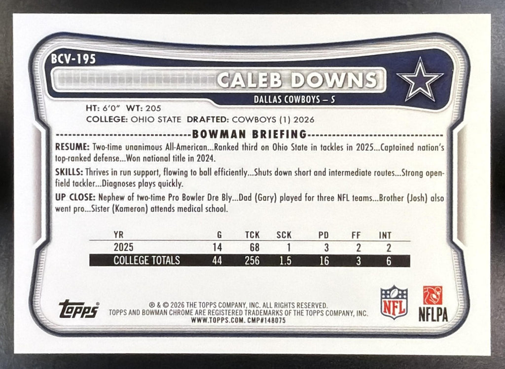 2026 Bowman Caleb Downs #BCV-195 Chrome NFL Gold Refractor 24/50 RC Cowboys1