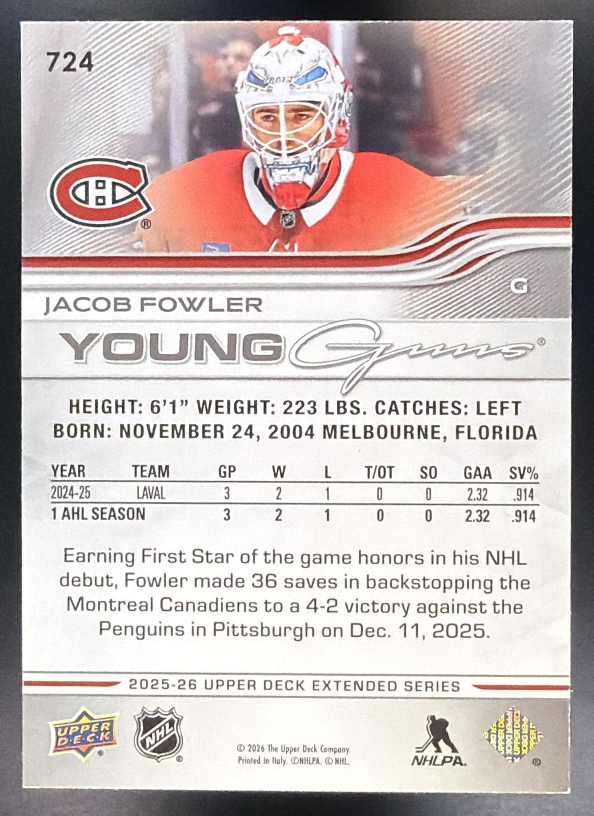 2025 Upper Deck Extended Series Jacob Fowler #724 Young Guns Deluxe /250 RC1