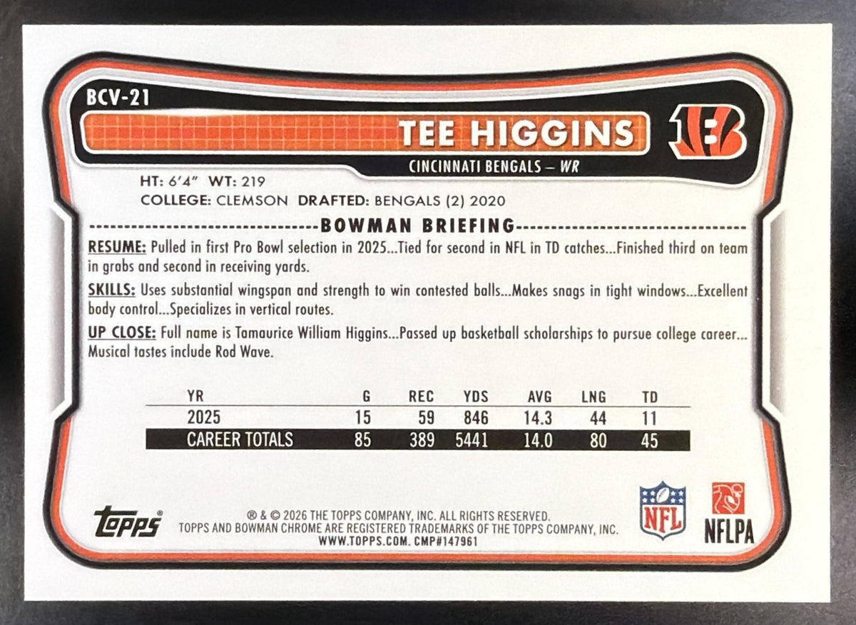 2026 Bowman Tee Higgins #BCV-21 Chrome NFL Yellow Refractor 111/275 Bengals1