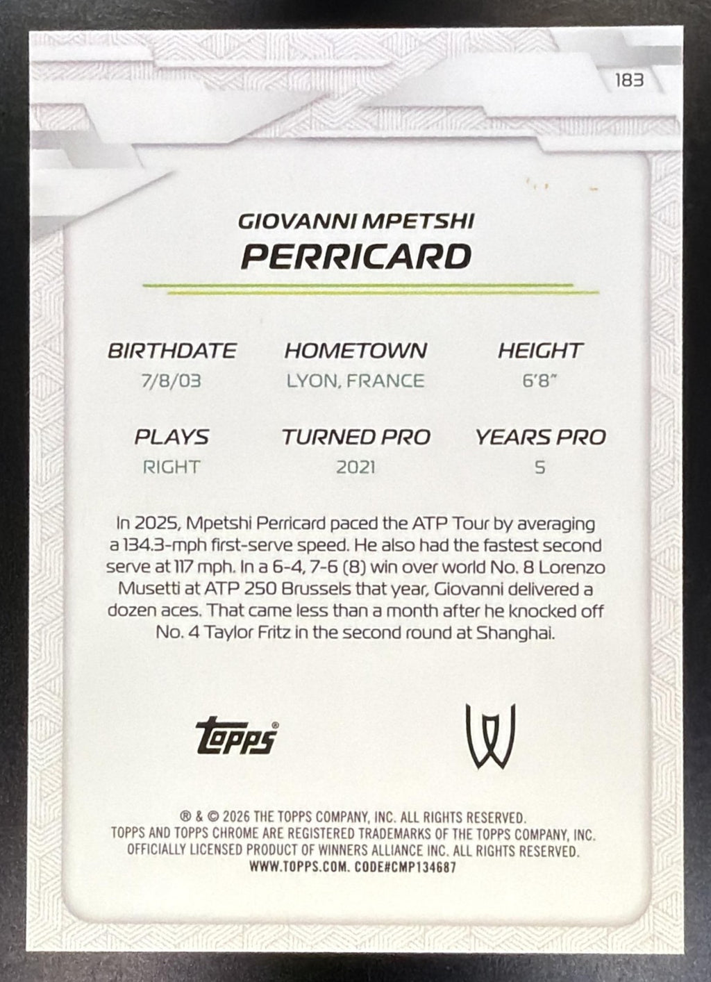 2026 Topps Chrome Tennis Giovanni Mpetshi Perricard #183 Green Geometric Ref /991
