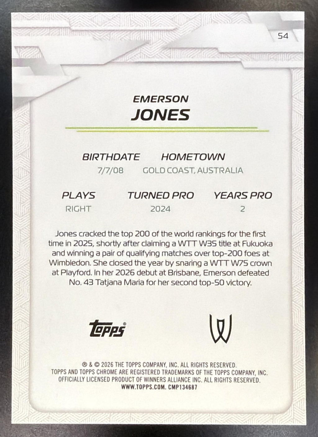 2026 Topps Chrome Tennis Emerson Jones #54 Orange Geometric Refractor 16/25 RC1