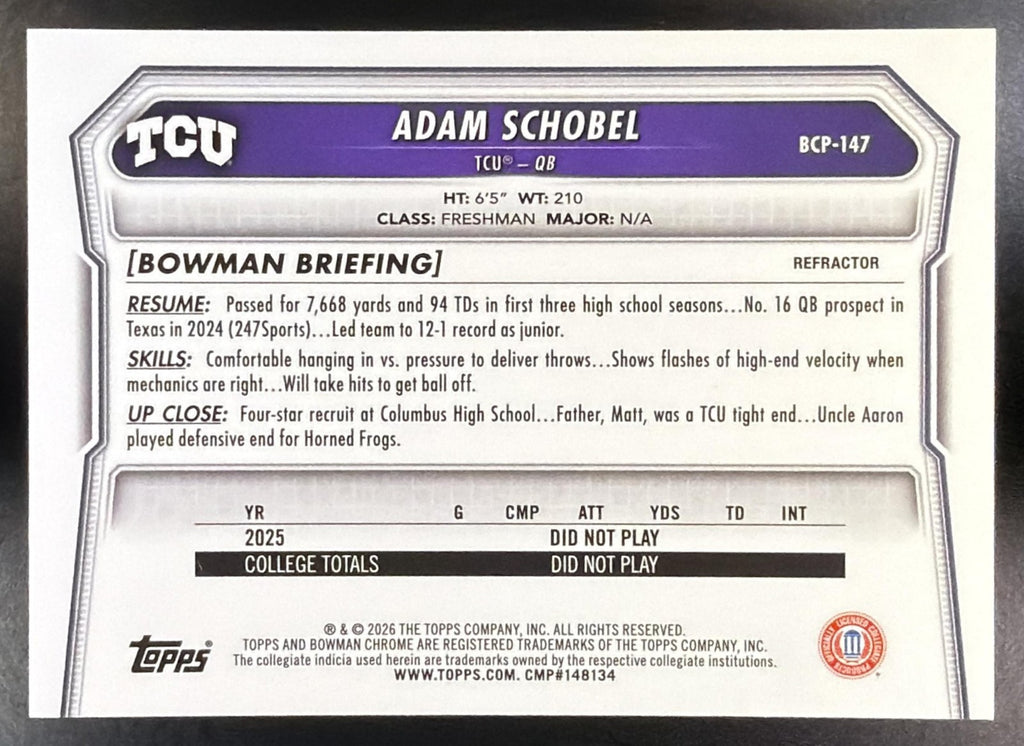 2026 Bowman Adam Schobel #BCP-147 Chrome Refractor /499 1st Prospect1