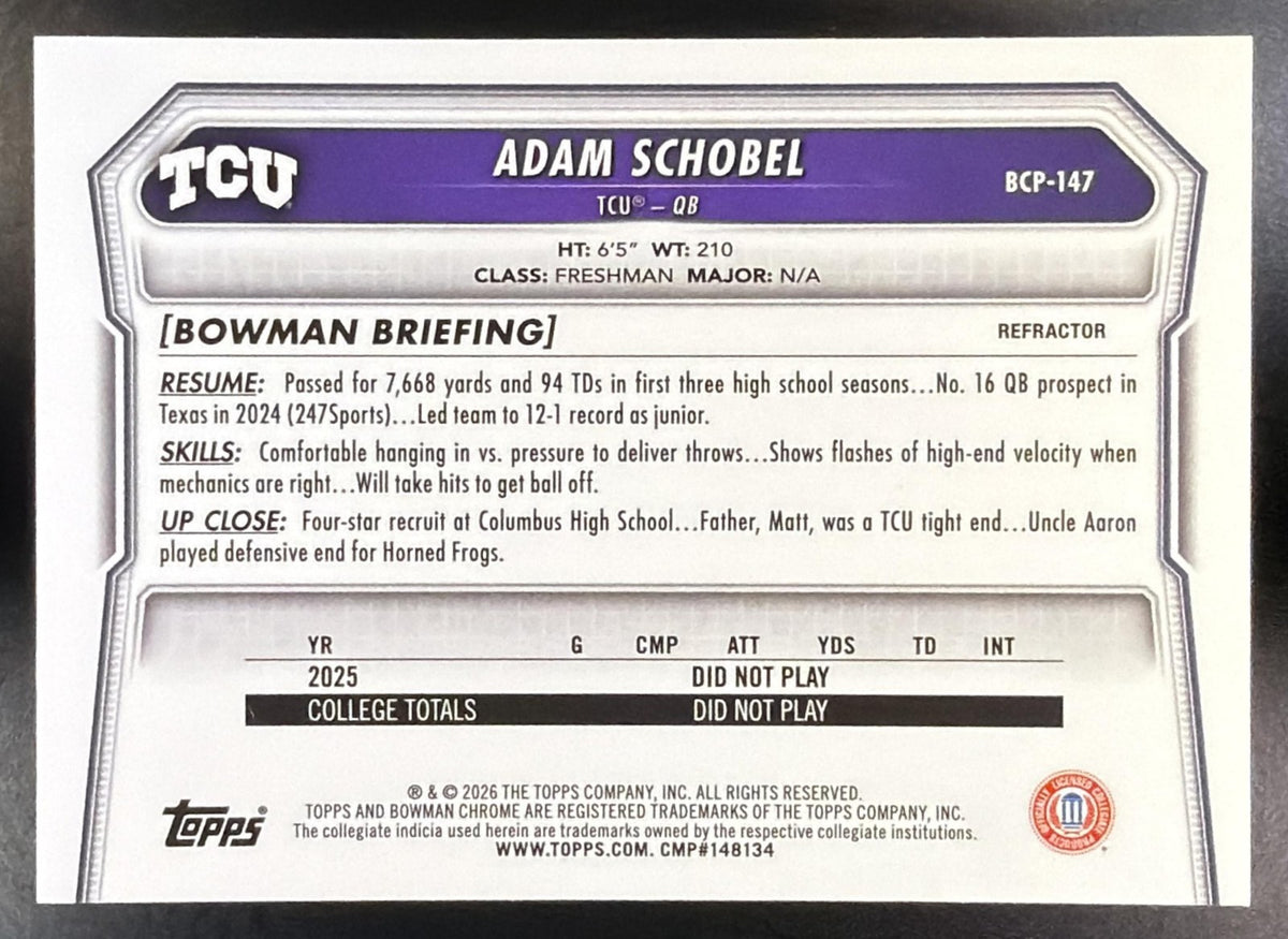 2026 Bowman Adam Schobel #BCP-147 Chrome Refractor /499 1st Prospect1