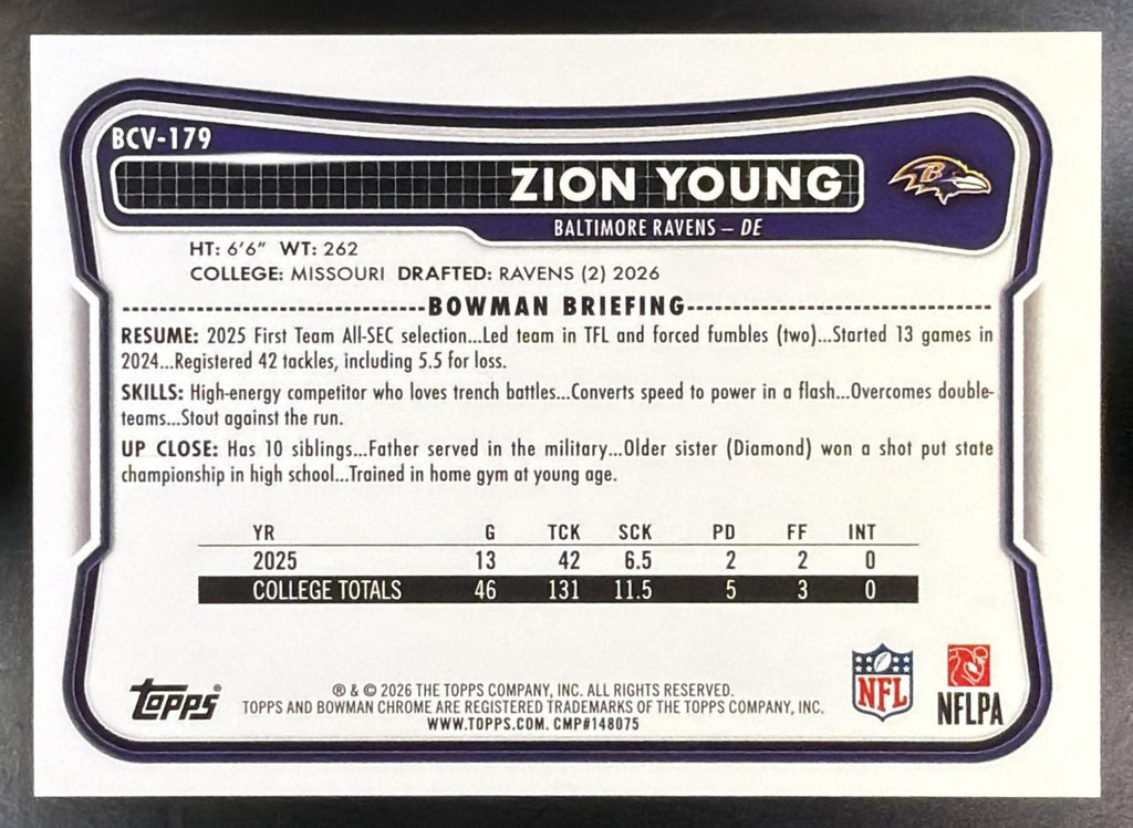 2026 Bowman Zion Young #BCV-179 Chrome NFL Rose Gold Mojo Refractor /275 RC1