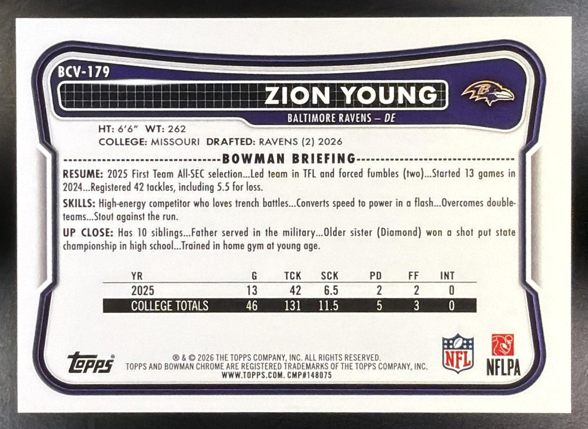 2026 Bowman Zion Young #BCV-179 Chrome NFL Rose Gold Mojo Refractor /275 RC1