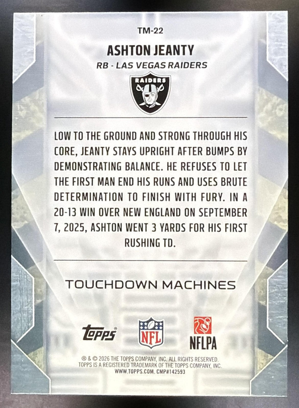 2026 Topps Ashton Jeanty #TM 22 Touchdown Machines Green Foil 10/99 SSP Raiders1