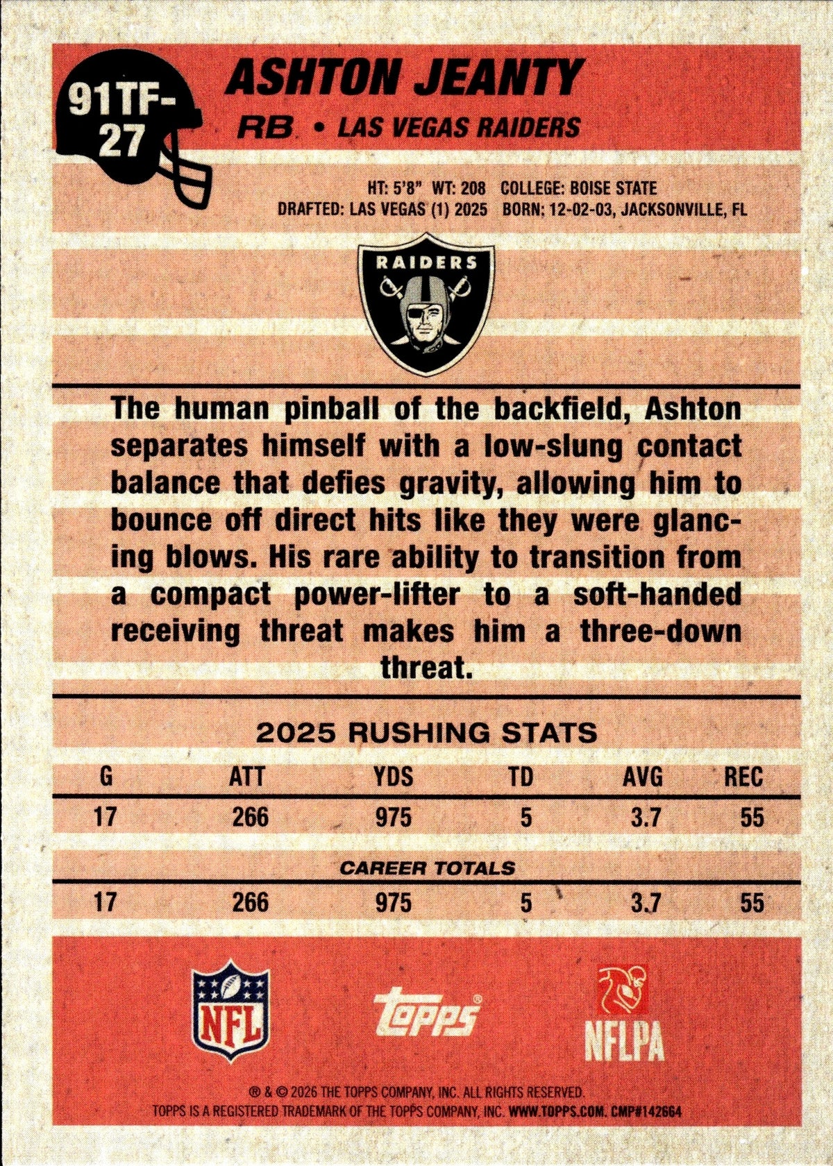 2026 Topps Ashton Jeanty #91TF-27 1991 Crackle Foil Raiders1