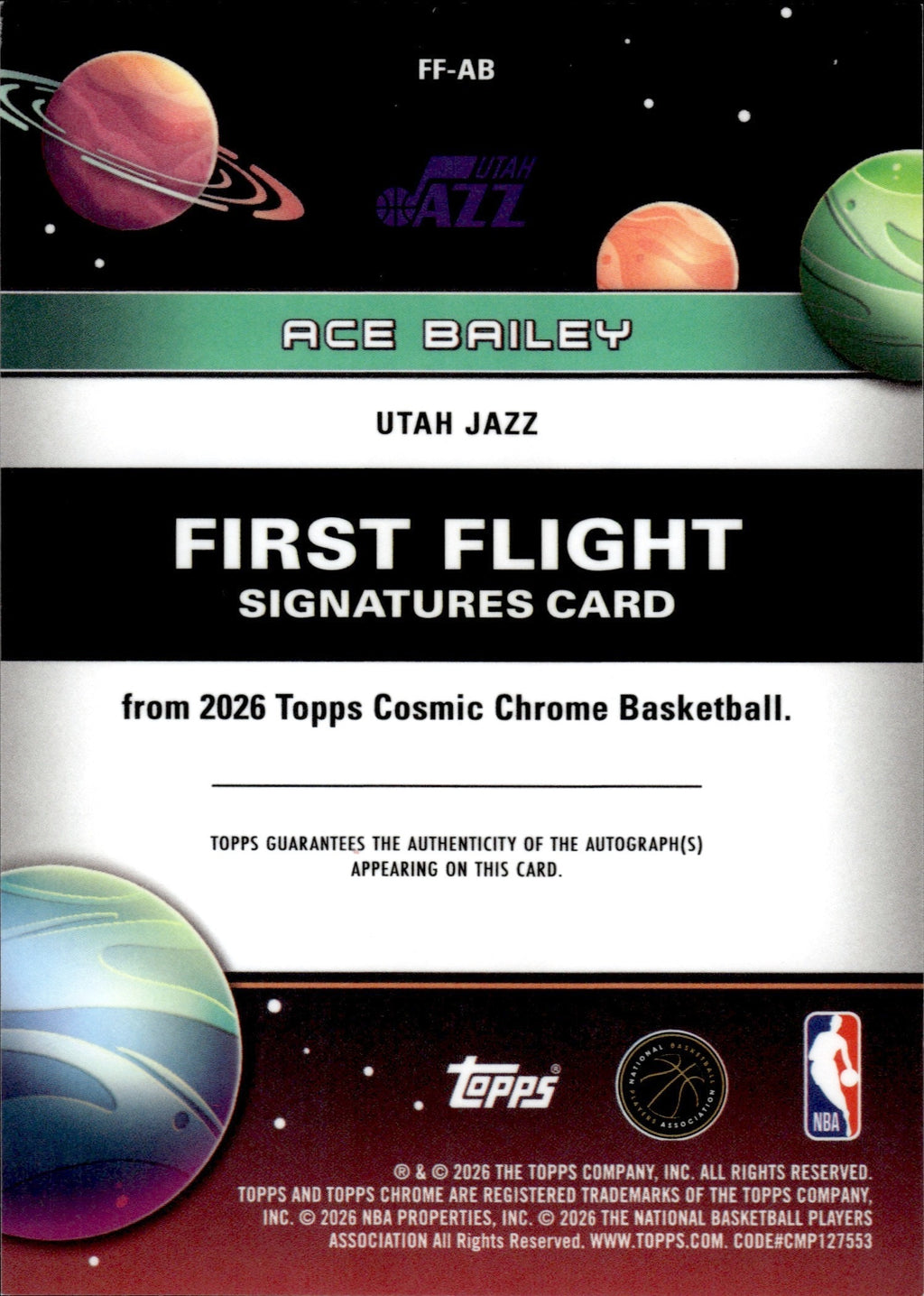 2025 Topps Cosmic Chrome Ace Bailey #FF-AB First Flight Signatures RC Auto1