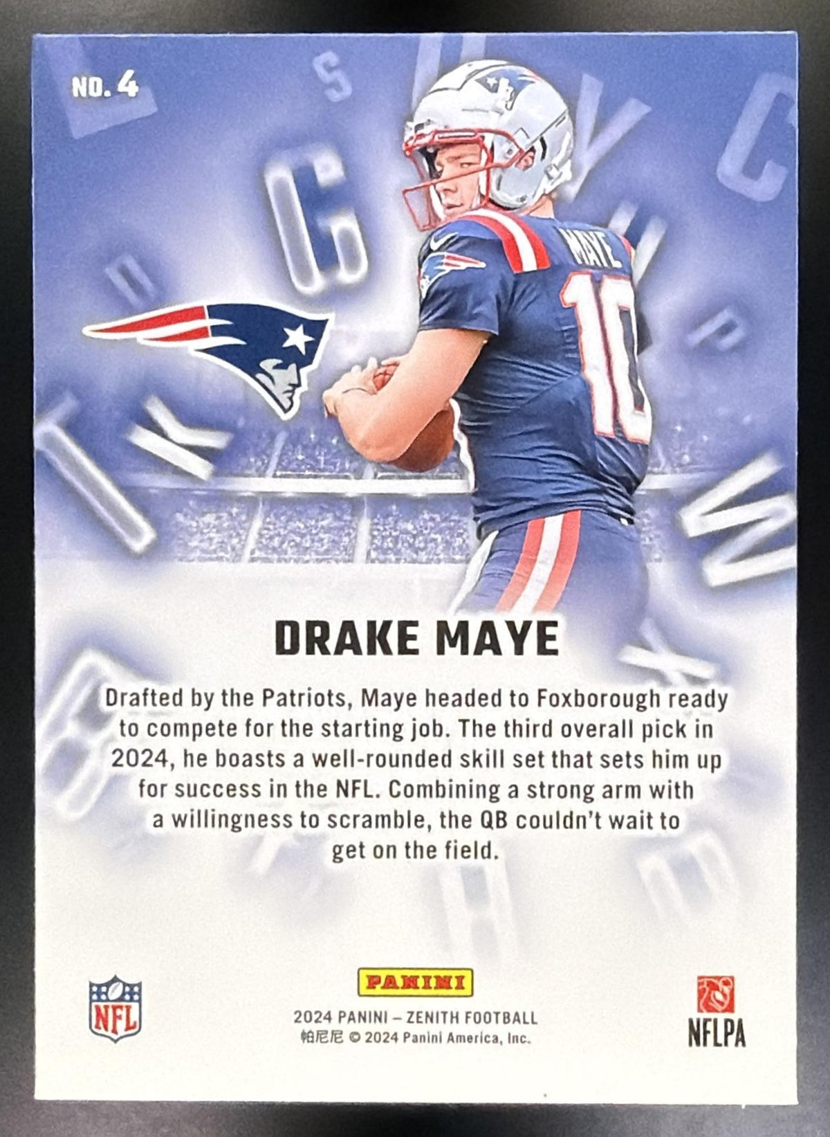 2024 Panini Zenith Drake Maye #4 A to Z RC Patriots1