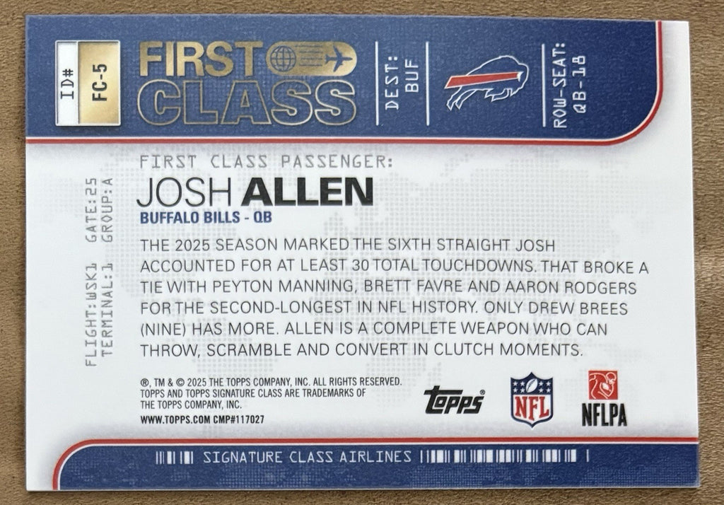 2025 Topps Signature Class Josh Allen First Class #FC-5 SSP Case Hit Bills back